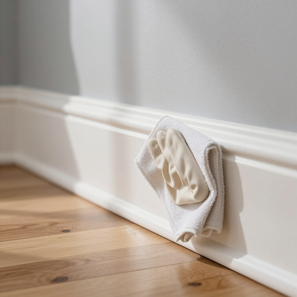 Folded cloth tucked into a white wall-mounted holder beside a hardwood floor and baseboard.
