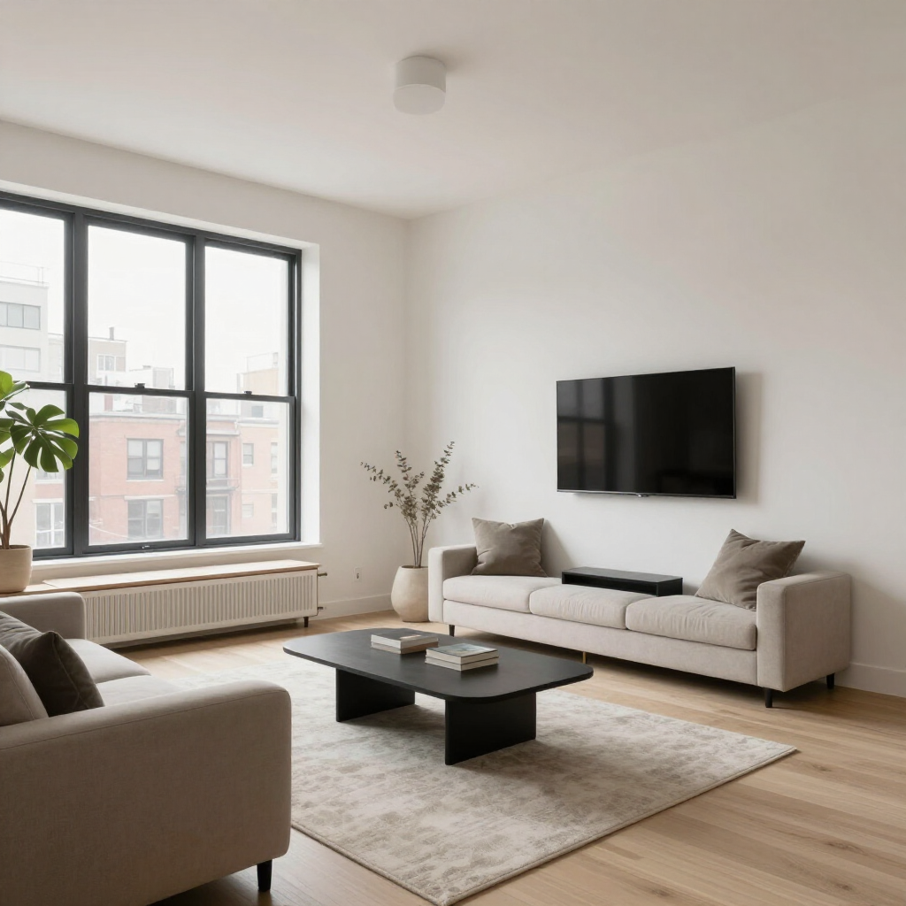 Minimalist living room with large windows, beige sofa, wall-mounted TV, and black coffee table on a light rug
