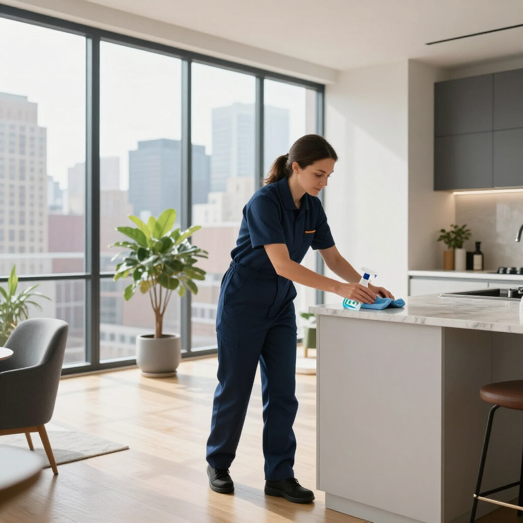 Person cleaning a white kitchen island with a blue cloth in a bright modern apartment