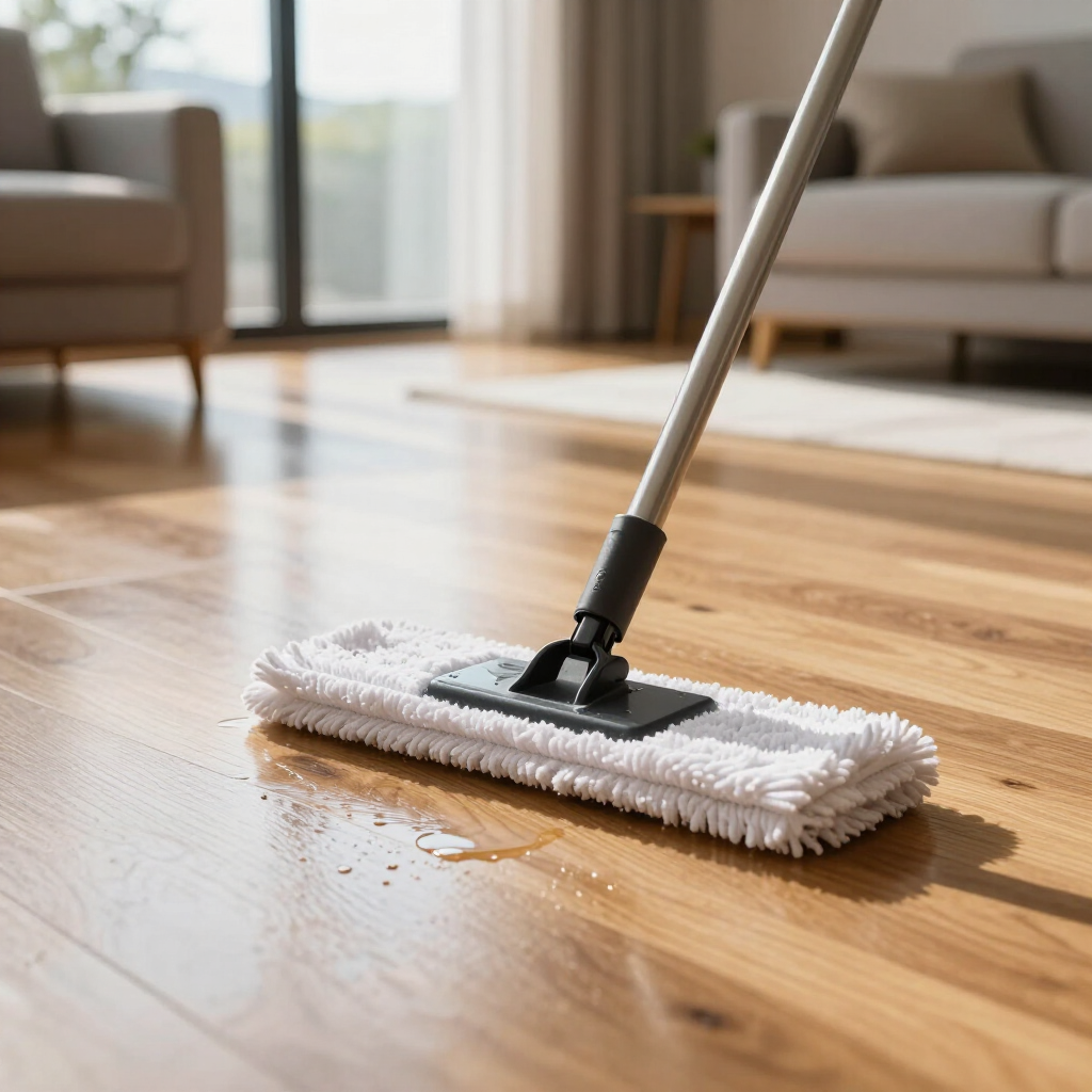 Mop cleaning a hardwood floor in a bright living room