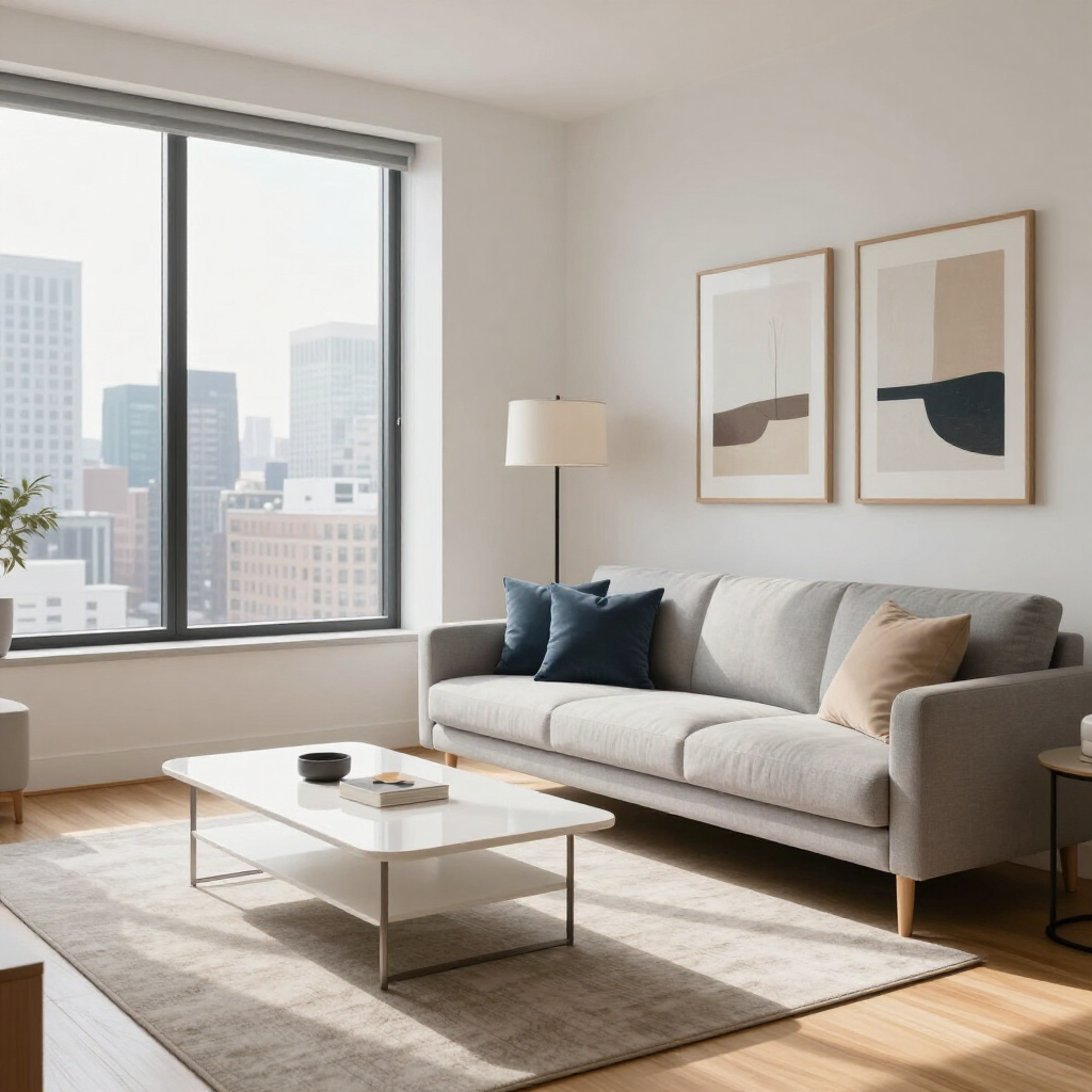 Modern living room with gray sofa, coffee table, beige rug, floor lamp, and city view through large window