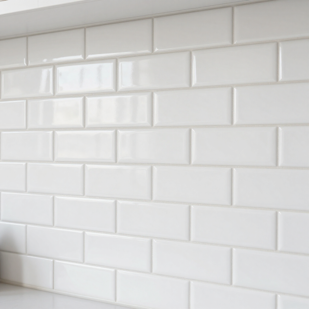 White subway tile wall with glossy ceramic tiles and light gray grout lines
