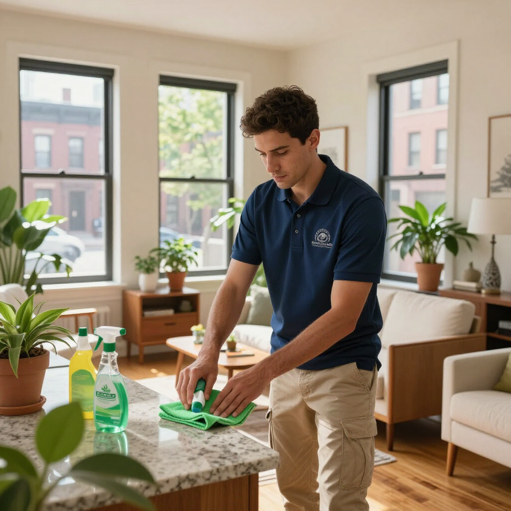 Man wiping a kitchen counter with a green cloth beside cleaning spray in a bright living room