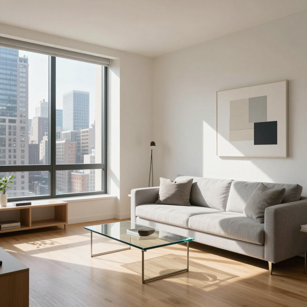 Sunlit modern living room with gray sofa, glass coffee table, abstract wall art, and city view windows