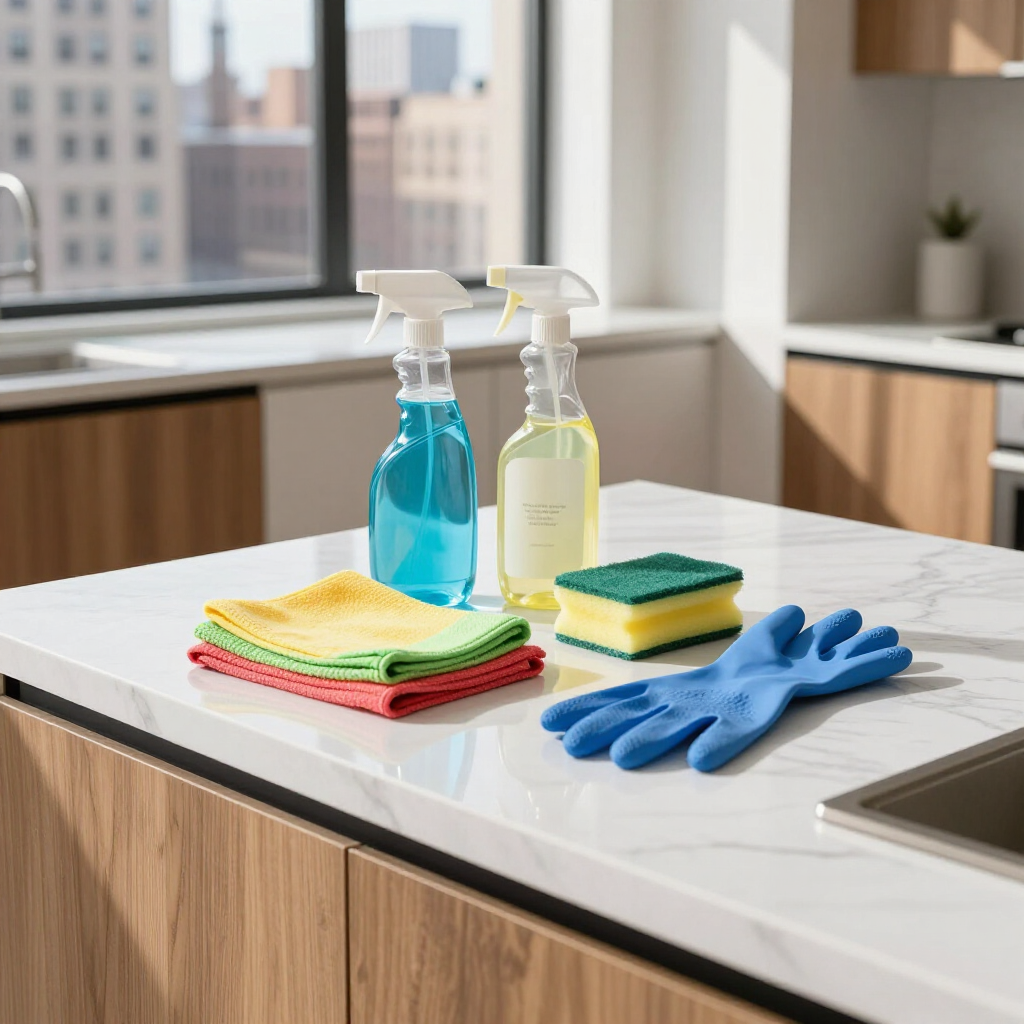 Cleaning supplies on a kitchen counter: spray bottles, sponges, cloths, and blue gloves.