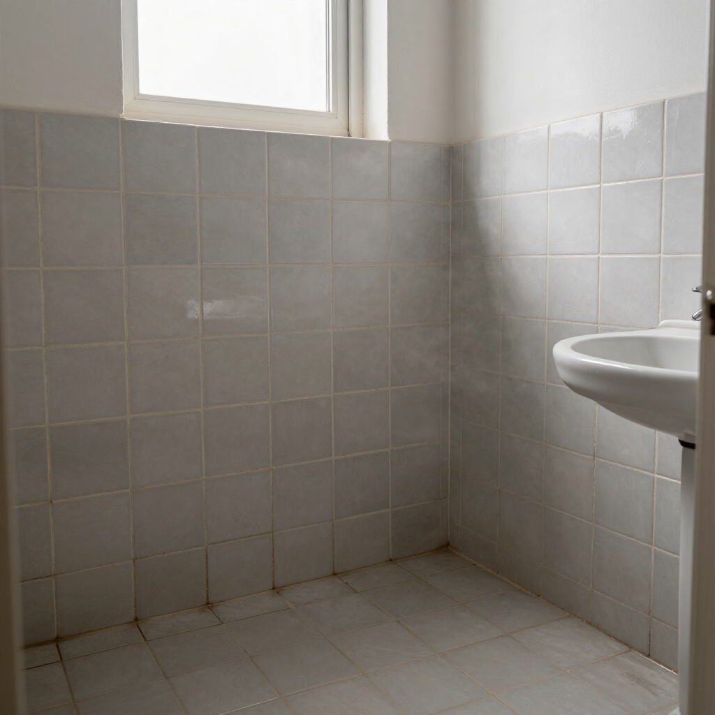 Small tiled bathroom corner with a sink and a window above.