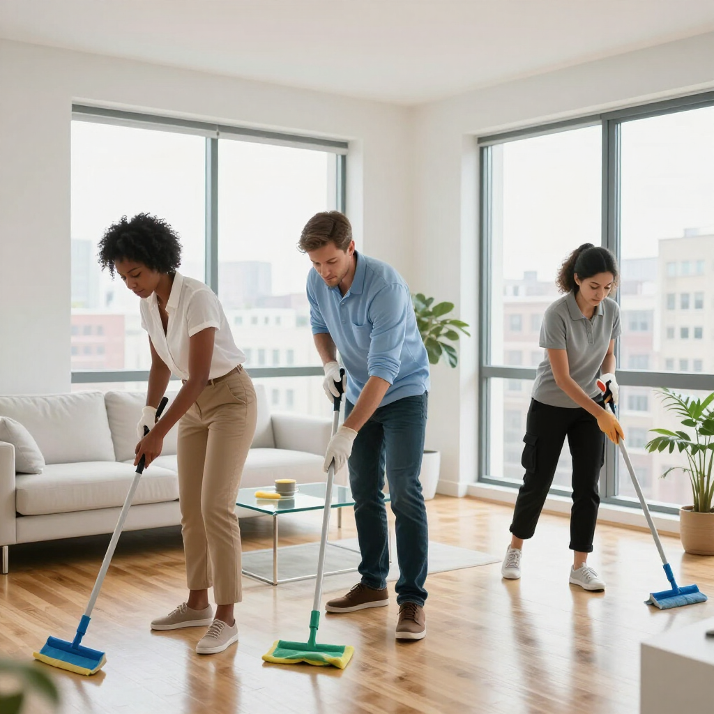 Three people mopping a bright living room with large windows and hardwood floors