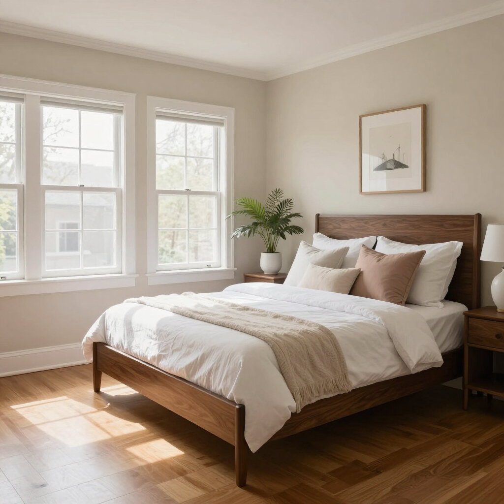Bright bedroom with a wooden bed, white bedding, large windows, and warm sunlight on hardwood floors