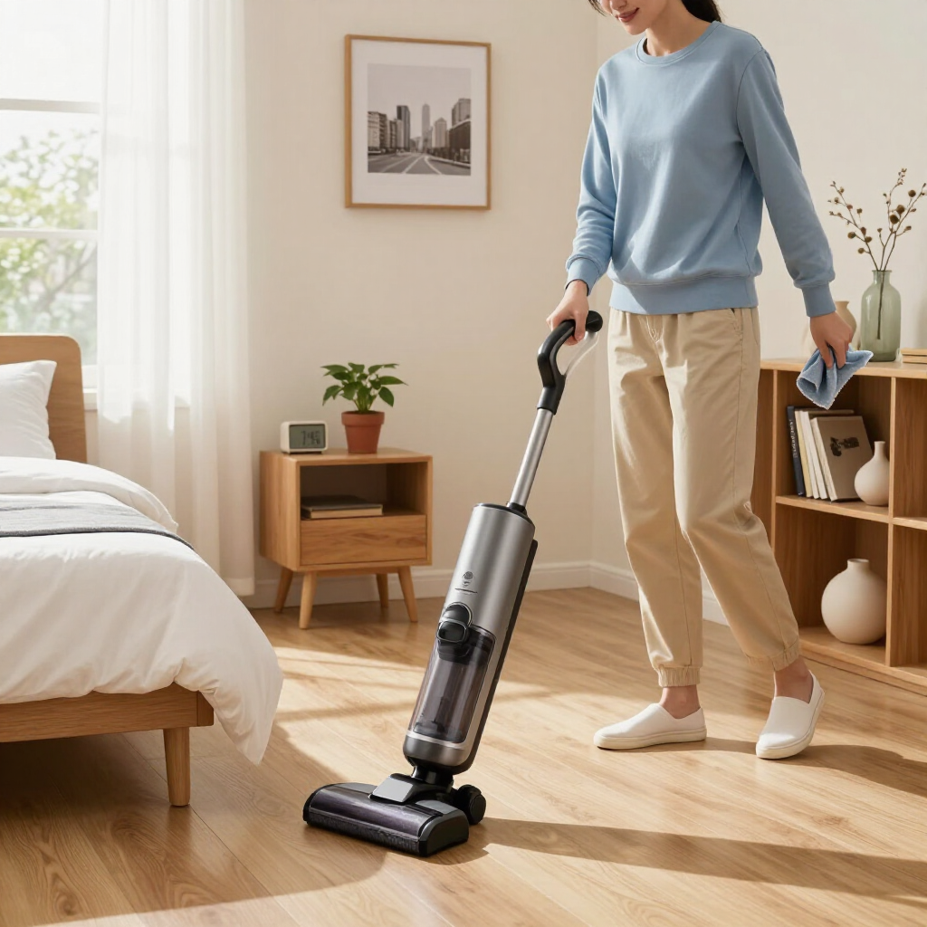 Person vacuuming a sunlit bedroom with a silver upright vacuum cleaner