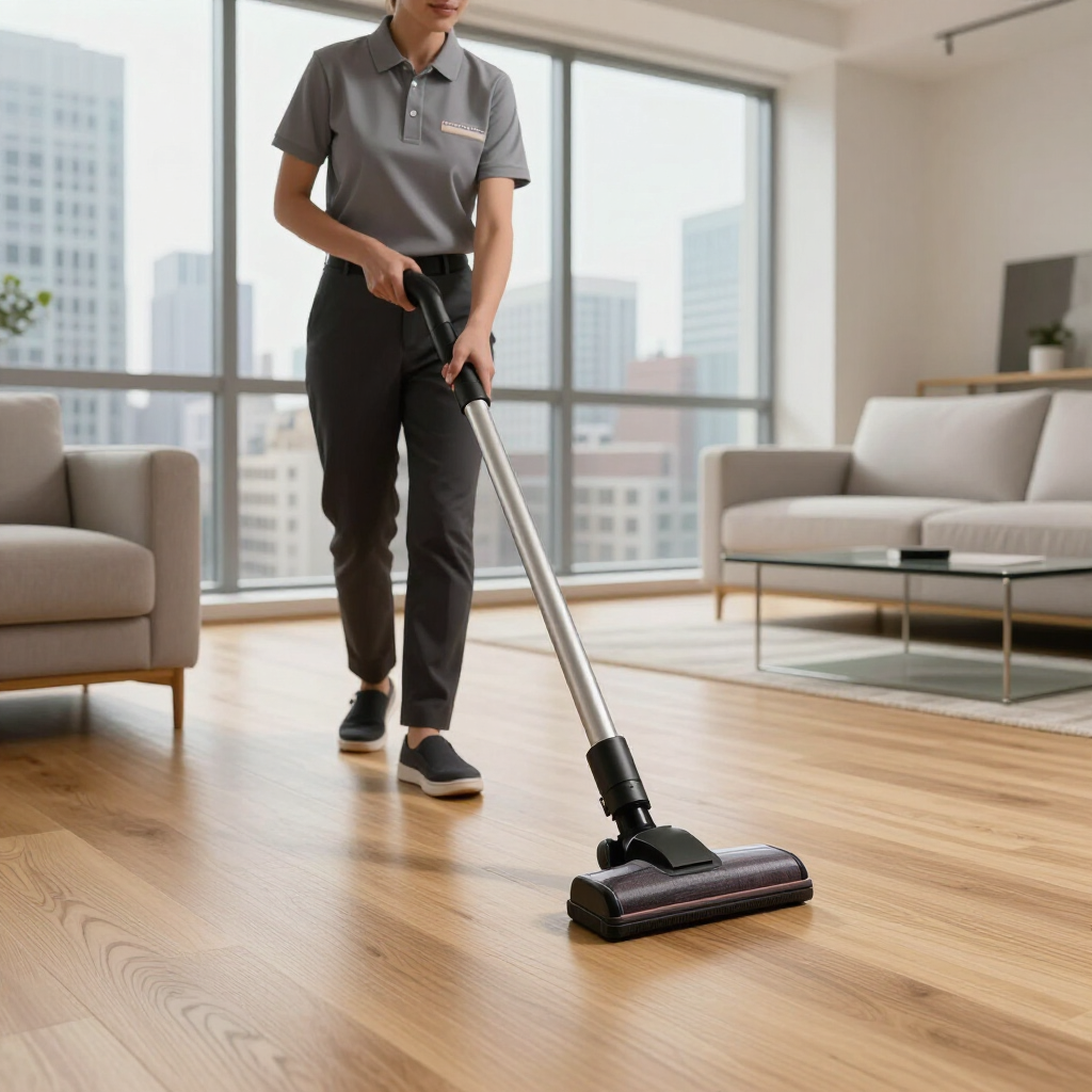 Person vacuuming a wooden floor in a bright living room with large windows