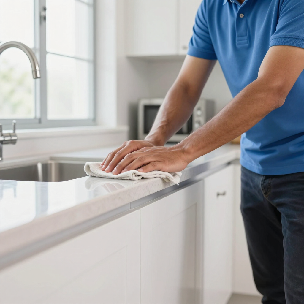 Person wiping a white kitchen countertop with a cloth near a sink and window.