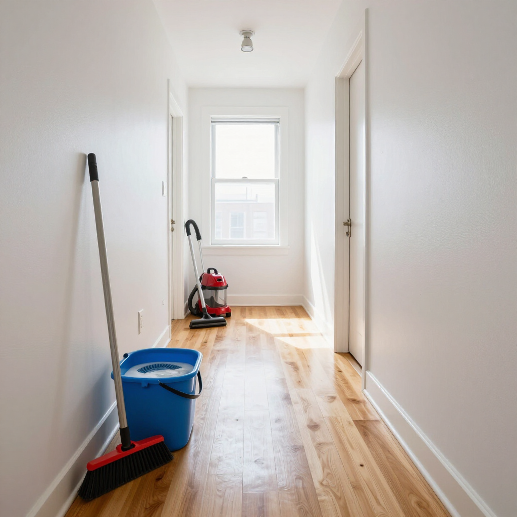Narrow white hallway with hardwood floor, cleaning tools, and a bright window at the end.