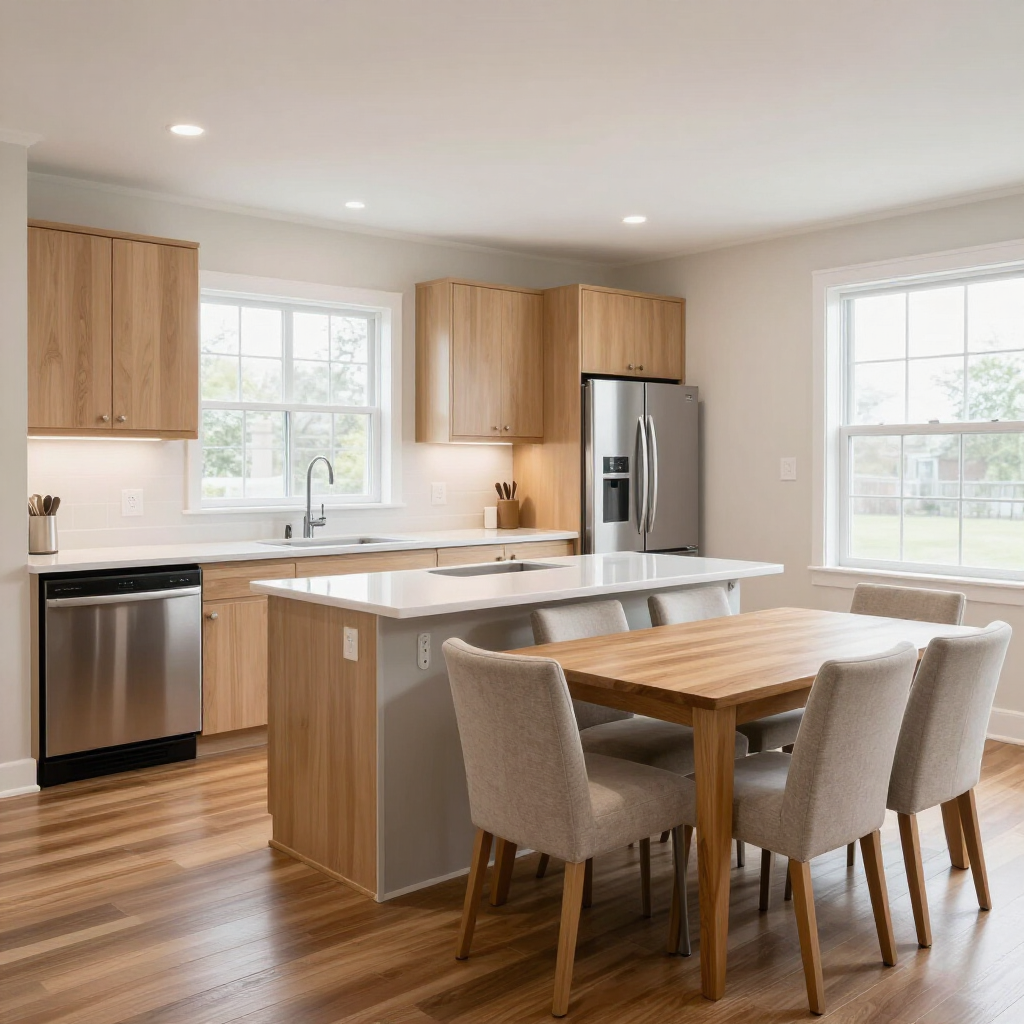 Bright modern kitchen with wood cabinets, white countertops, stainless appliances, and a dining table by the island