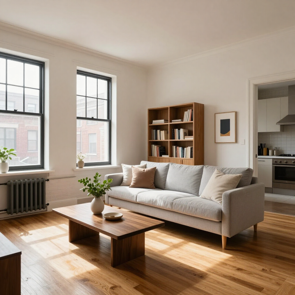 Bright living room with a beige sofa, wooden coffee table, sunlight, and bookshelves near large windows