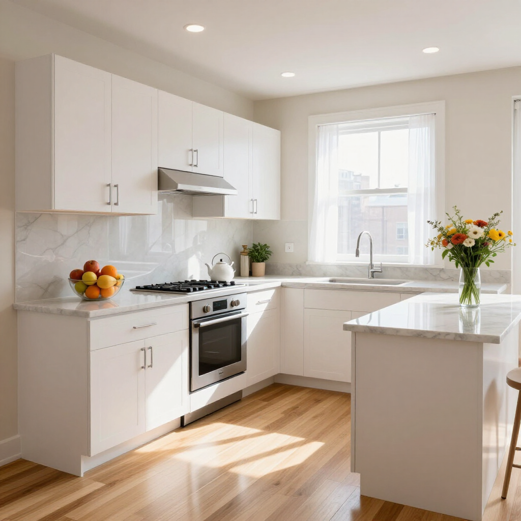 Bright modern white kitchen with an island, stove, fruit bowl, and flowers by a sunlit window