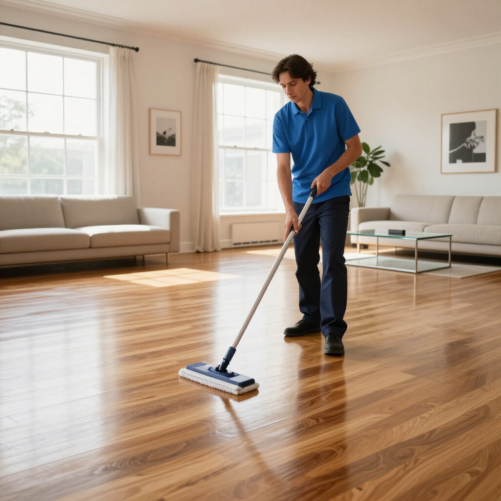 Person mopping a shiny hardwood floor in a bright living room