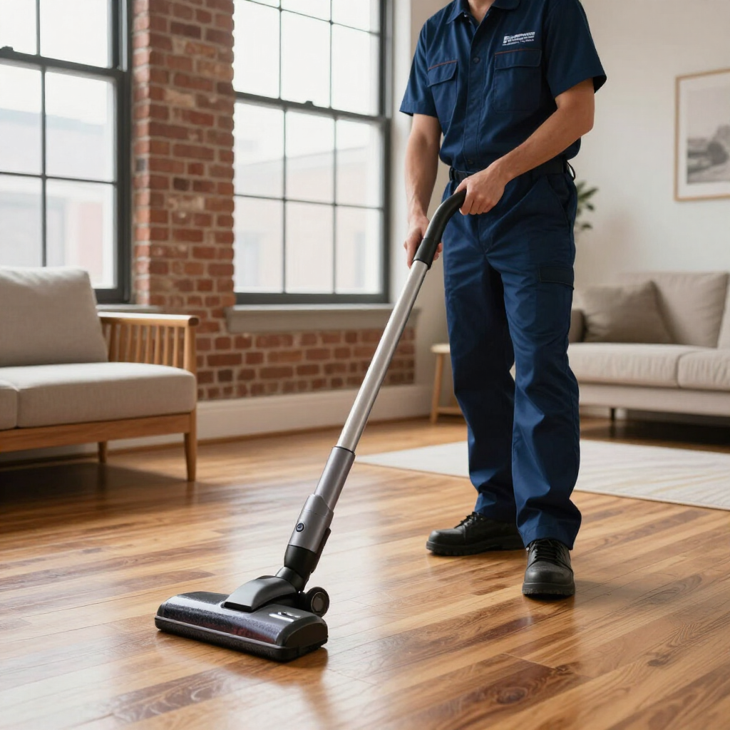 Janitor vacuuming a hardwood floor in a bright living room