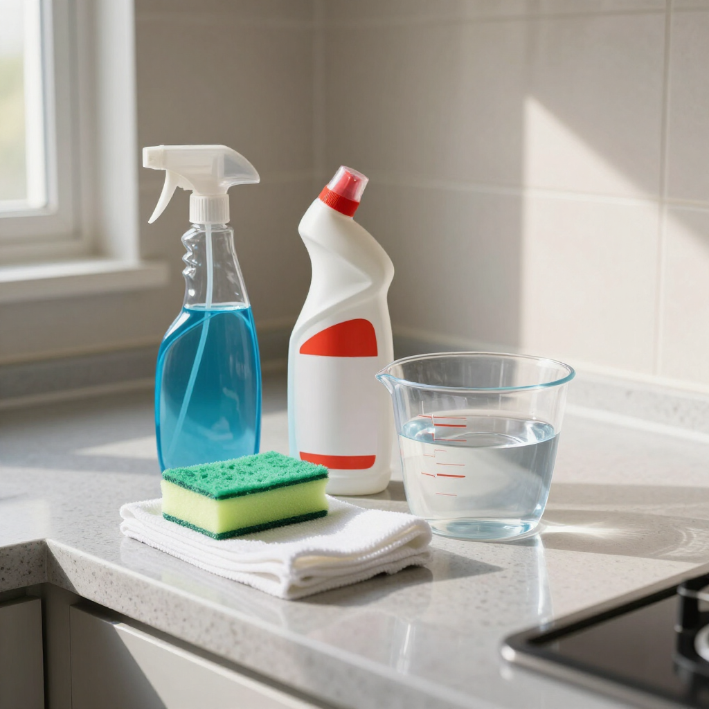 Cleaning supplies on a kitchen counter: spray bottle, cleaner, sponge, cloth, and measuring cup of water.