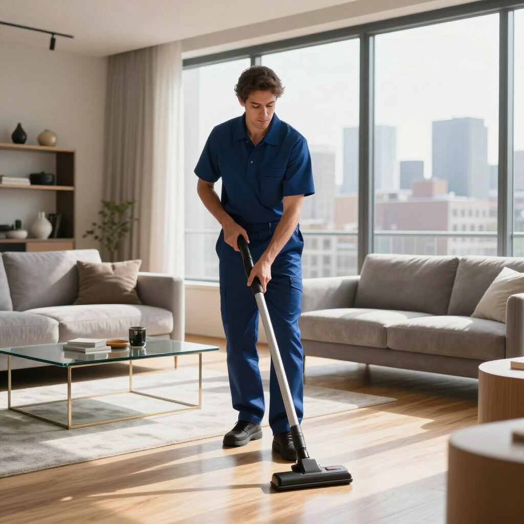 Man vacuuming a bright living room with sunlight and city windows behind him