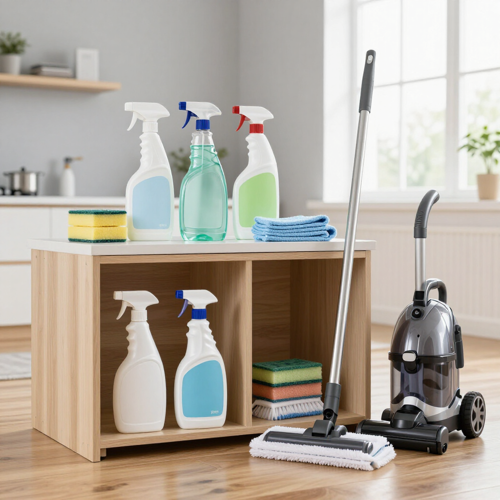 Cleaning supplies and vacuum on a wooden table in a bright room