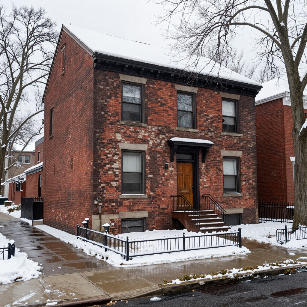 Snow-covered red brick duplex with a front stoop on a city street.