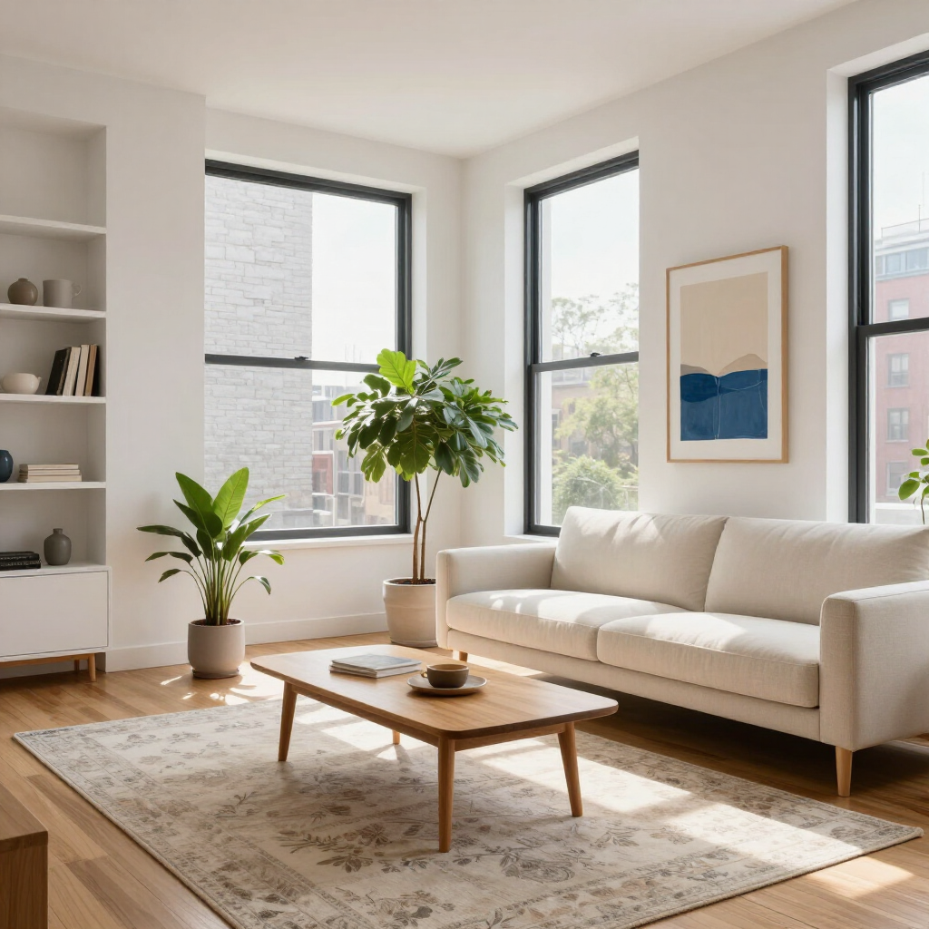 Bright living room with beige sofa, wooden coffee table, potted plants, and large windows.