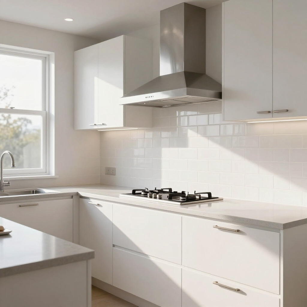 Modern white kitchen with stainless steel range hood, gas stove, and sunlit window