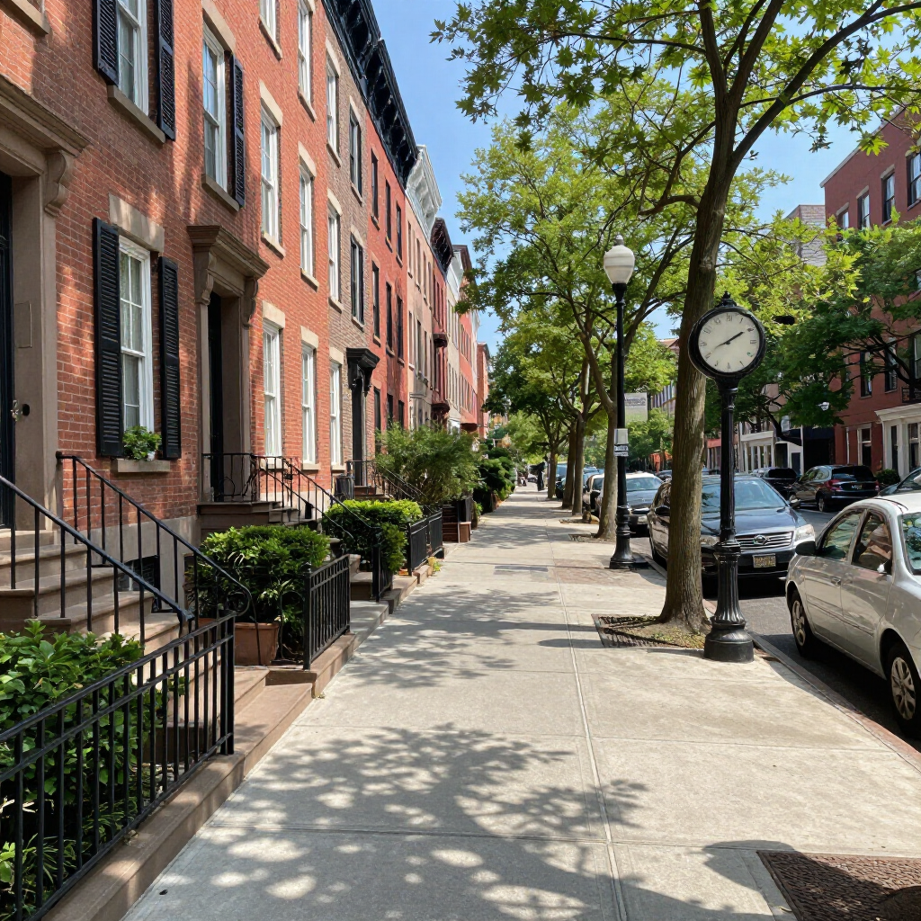 Tree-lined city sidewalk beside red brick townhouses and parked cars on a sunny day