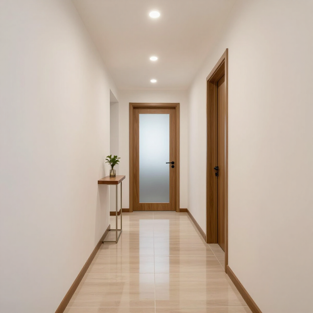 Bright minimalist hallway with wood trim, glossy floor, recessed lights, and a small table by a frosted door.