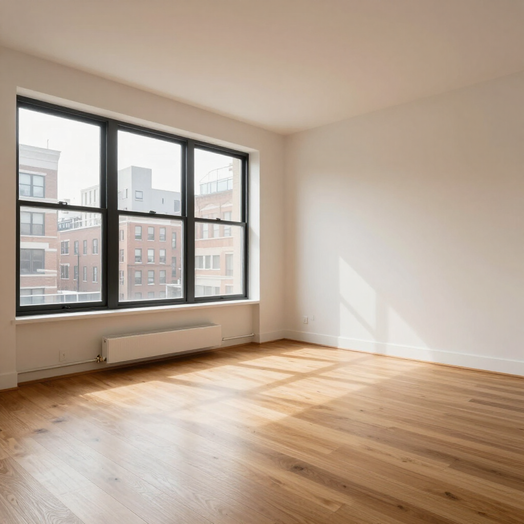 Empty sunlit room with hardwood floors, large windows, and city buildings outside