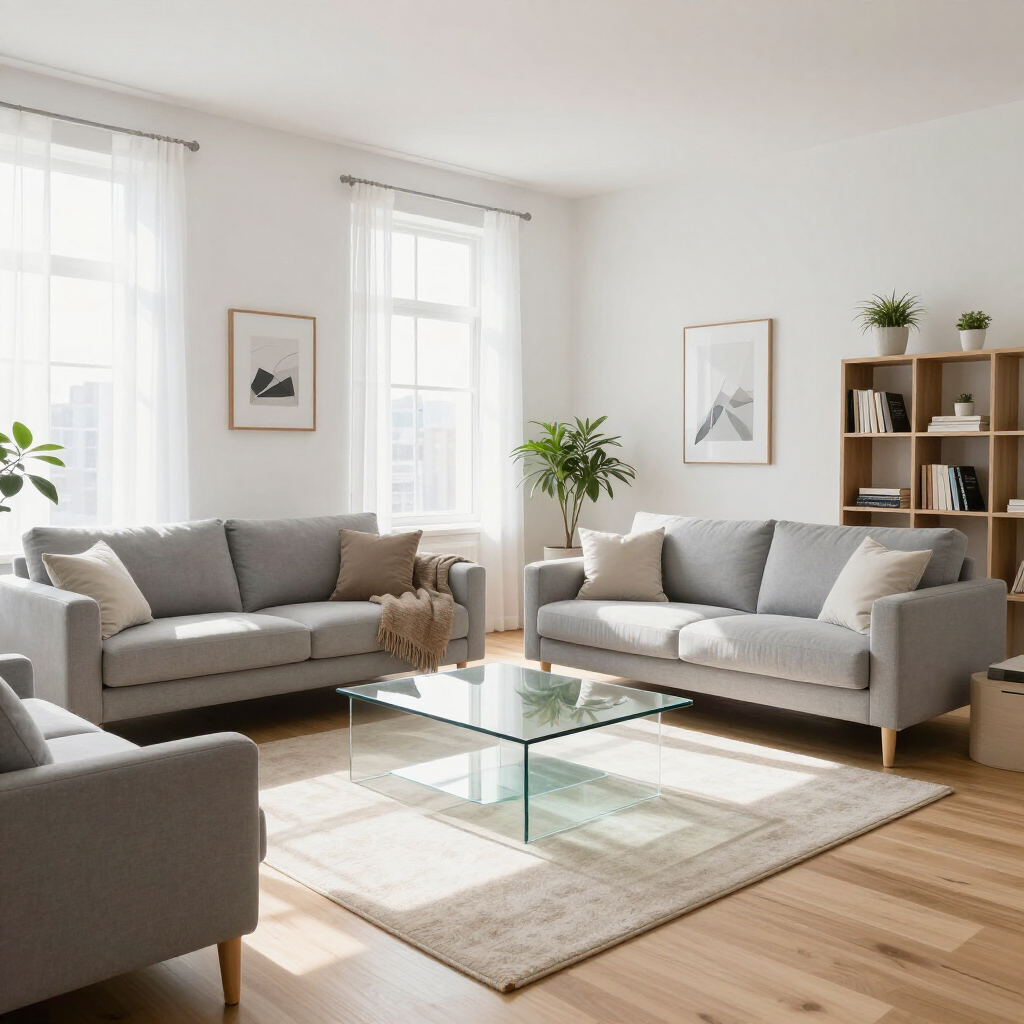Bright living room with two gray sofas, glass coffee table, rug, plants, and tall windows
