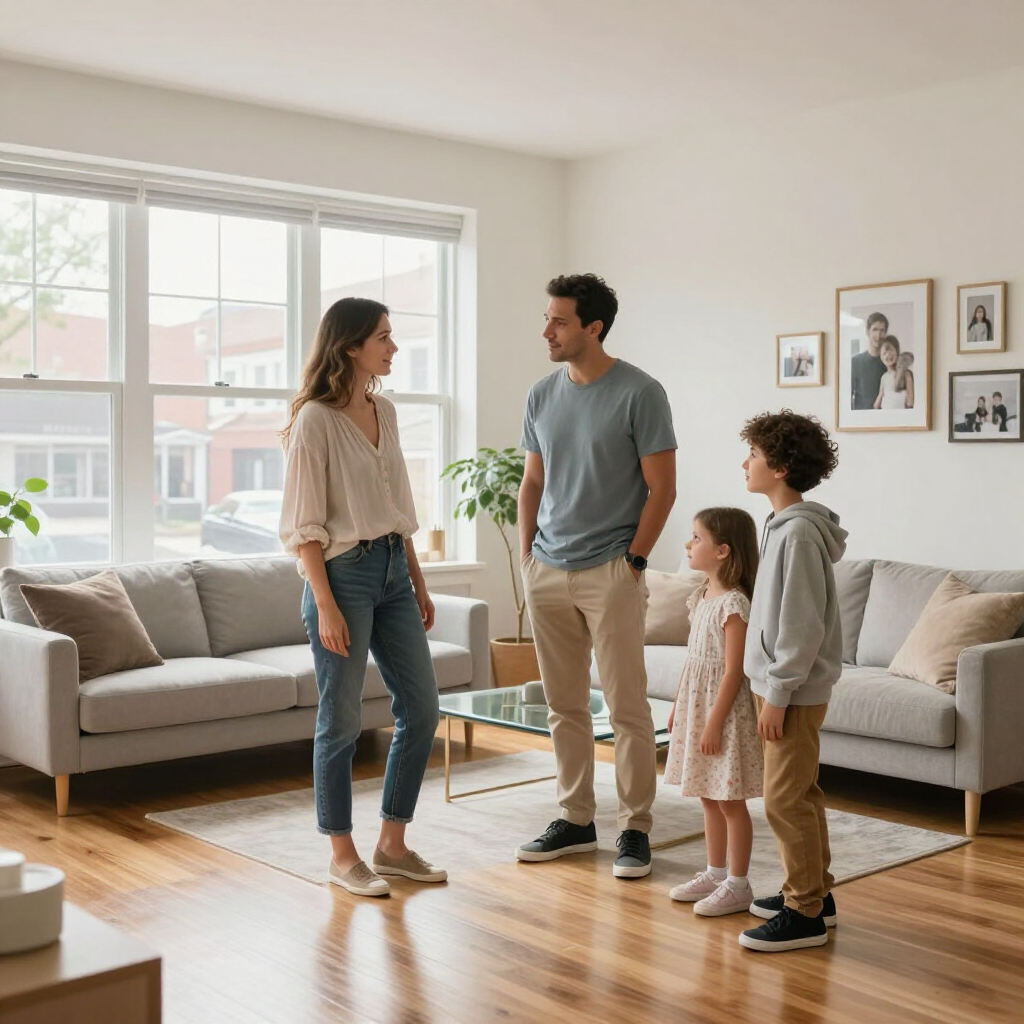 Family talking in a bright living room with sofa, large window, and framed wall art.