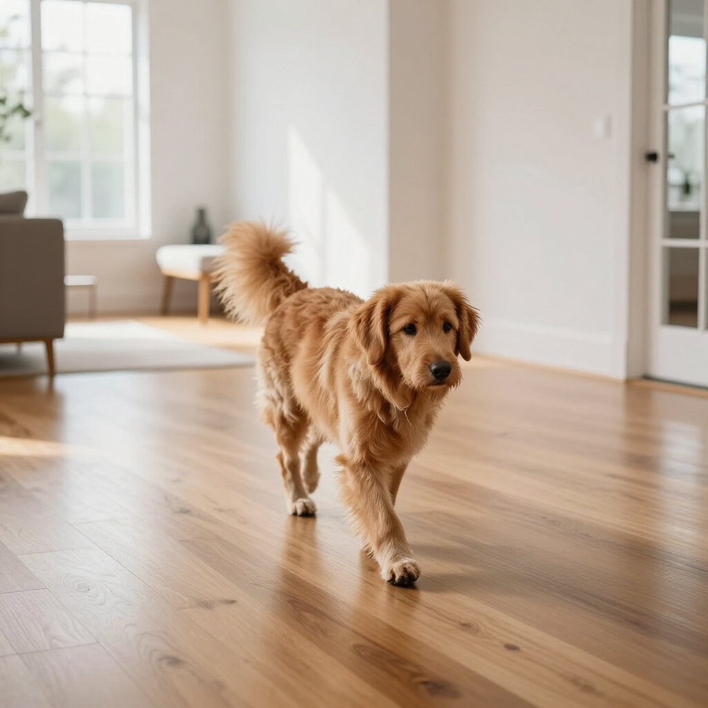 Golden retriever walking across a sunlit hardwood floor in a bright, modern room