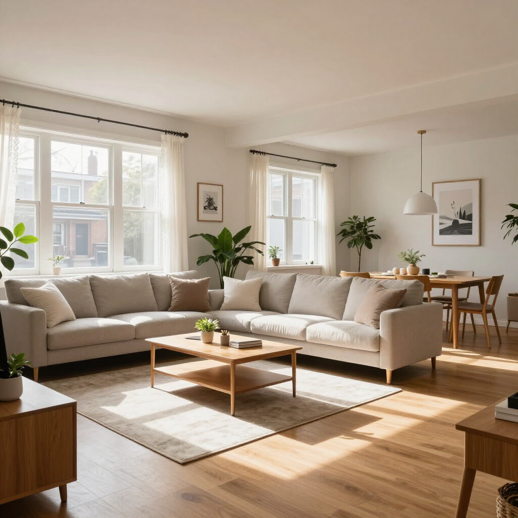 Bright living room with a beige sectional, wooden coffee table, sunlit windows, and a dining area.