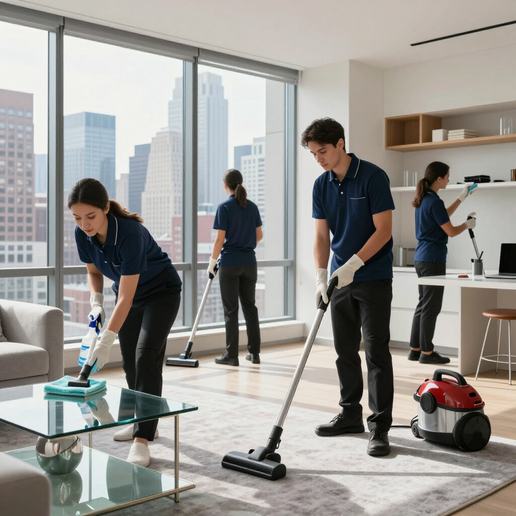 Cleaning crew vacuuming and mopping a bright modern office with large windows