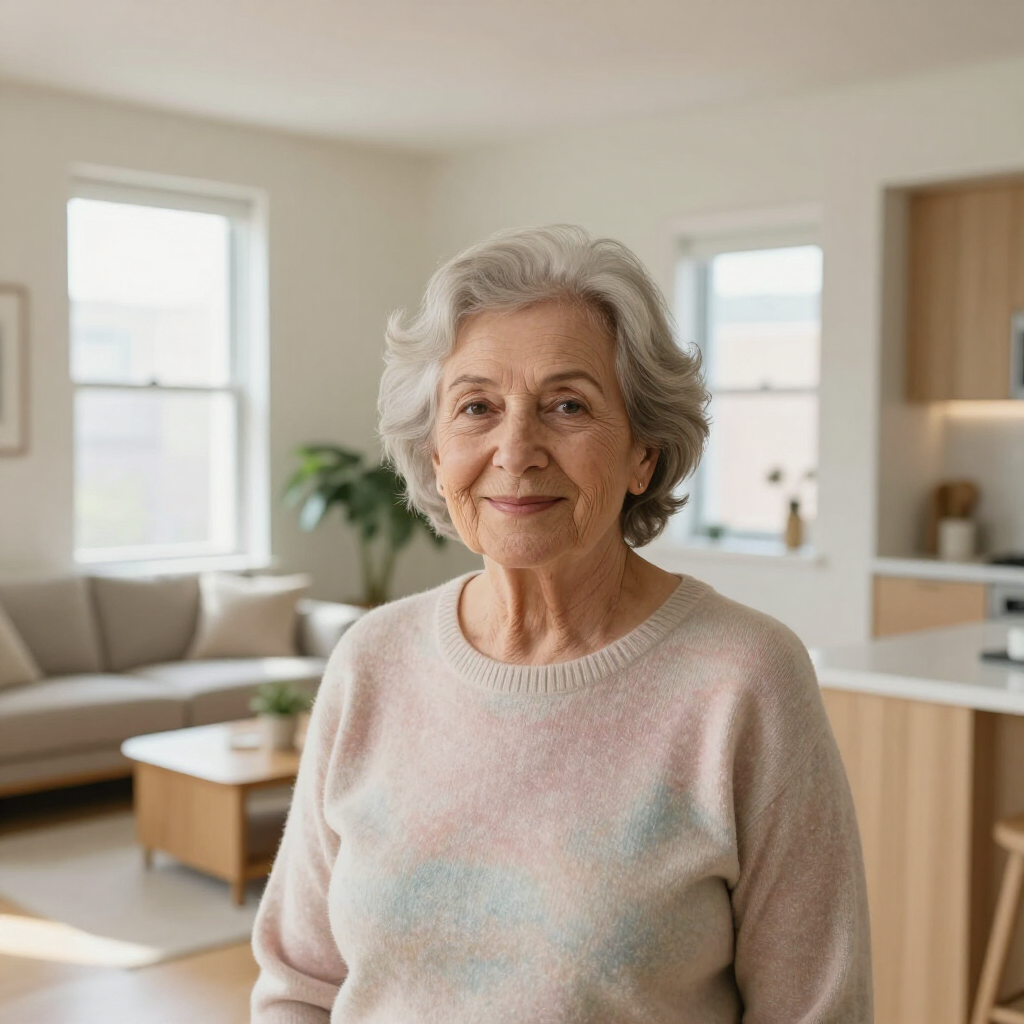 Smiling person in a pale sweater standing in a bright living room with large windows.