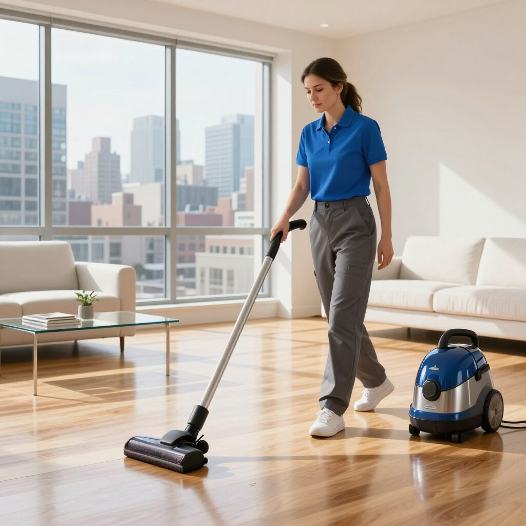 Woman vacuuming a bright living room with a blue canister vacuum and city view windows