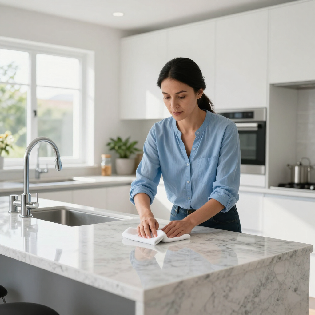 Person cleaning a marble kitchen island with a cloth in a bright modern kitchen