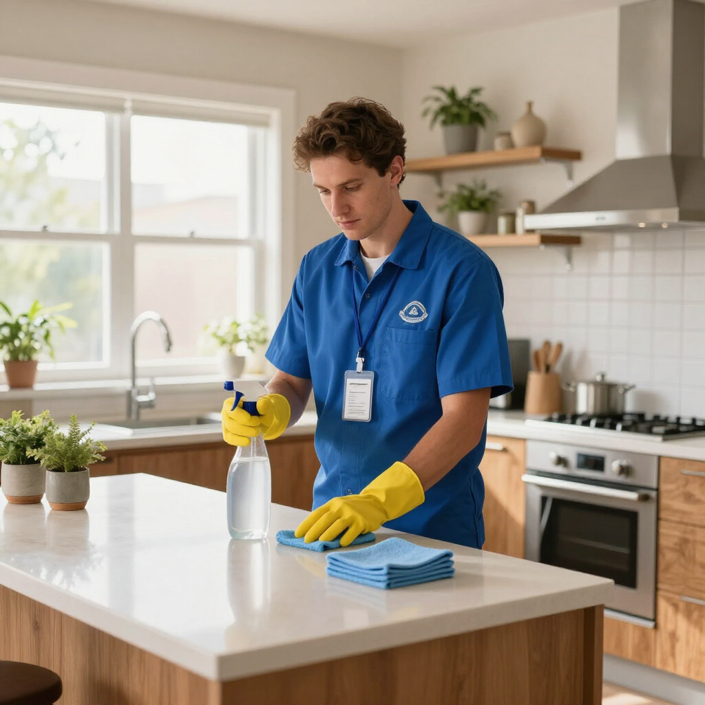 Person cleaning a kitchen counter with spray bottle and cloths in a bright modern kitchen