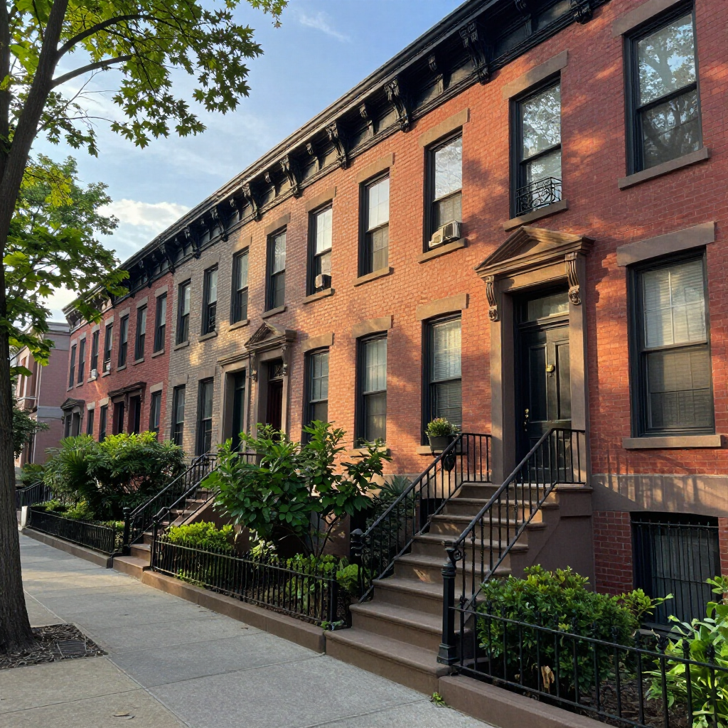 Row of red brick townhouses with stoops and iron railings on a tree-lined street.