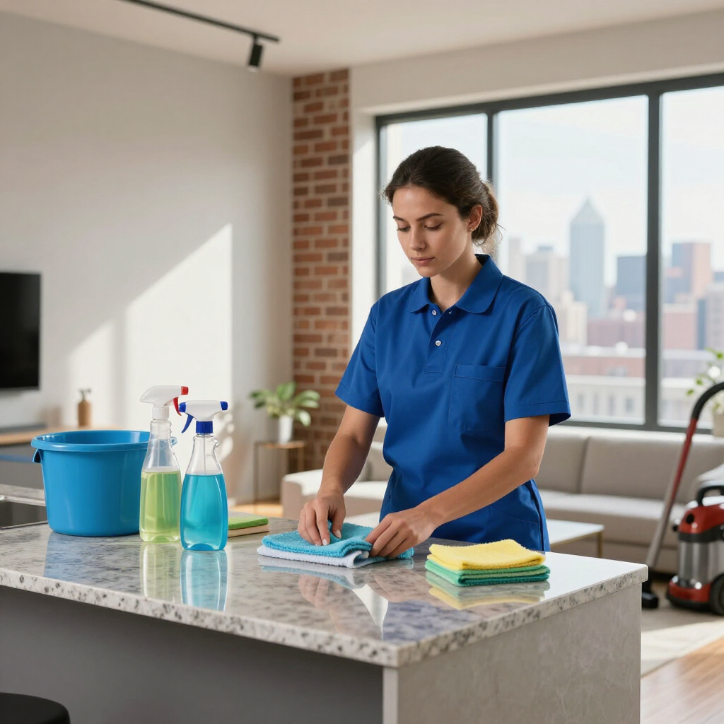Person cleaning a kitchen island with spray bottles, cloths, and a bucket in a bright apartment