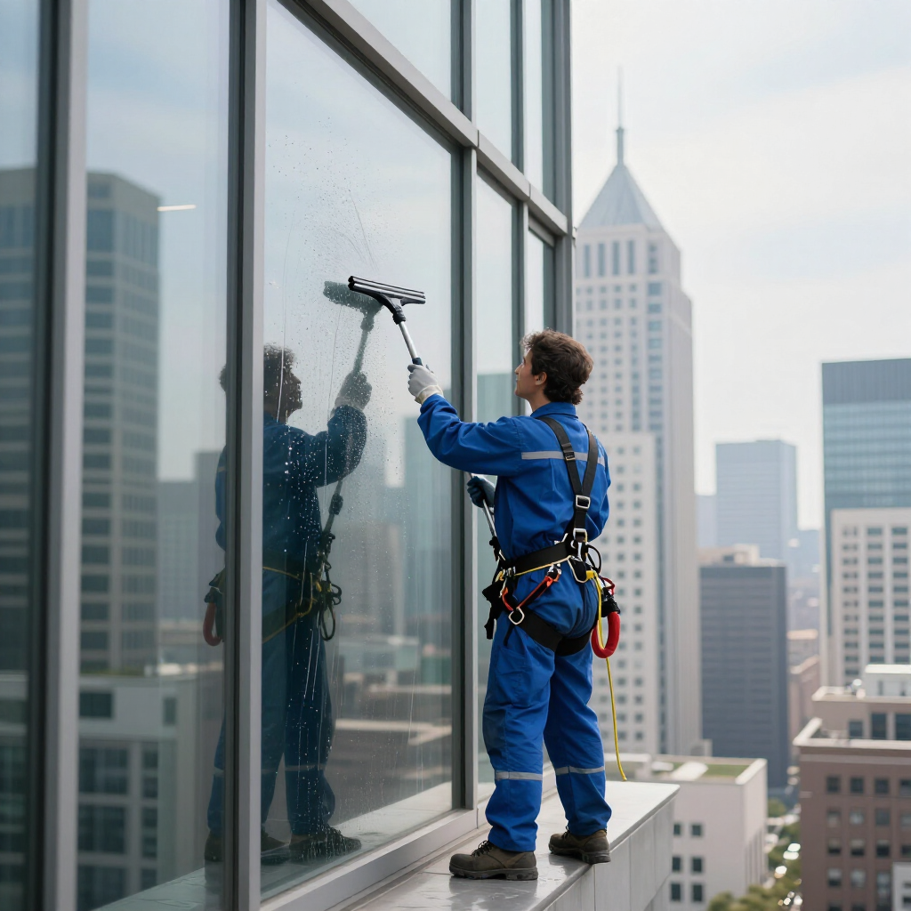Window cleaner in blue safety gear cleaning a high-rise glass facade with a squeegee, city skyline behind.