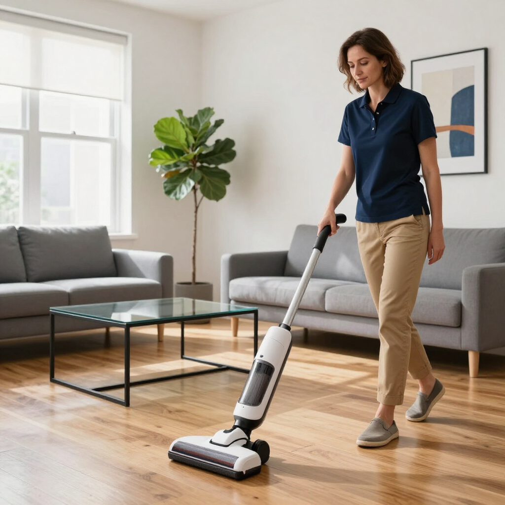 Person vacuuming a bright living room with a cordless stick vacuum