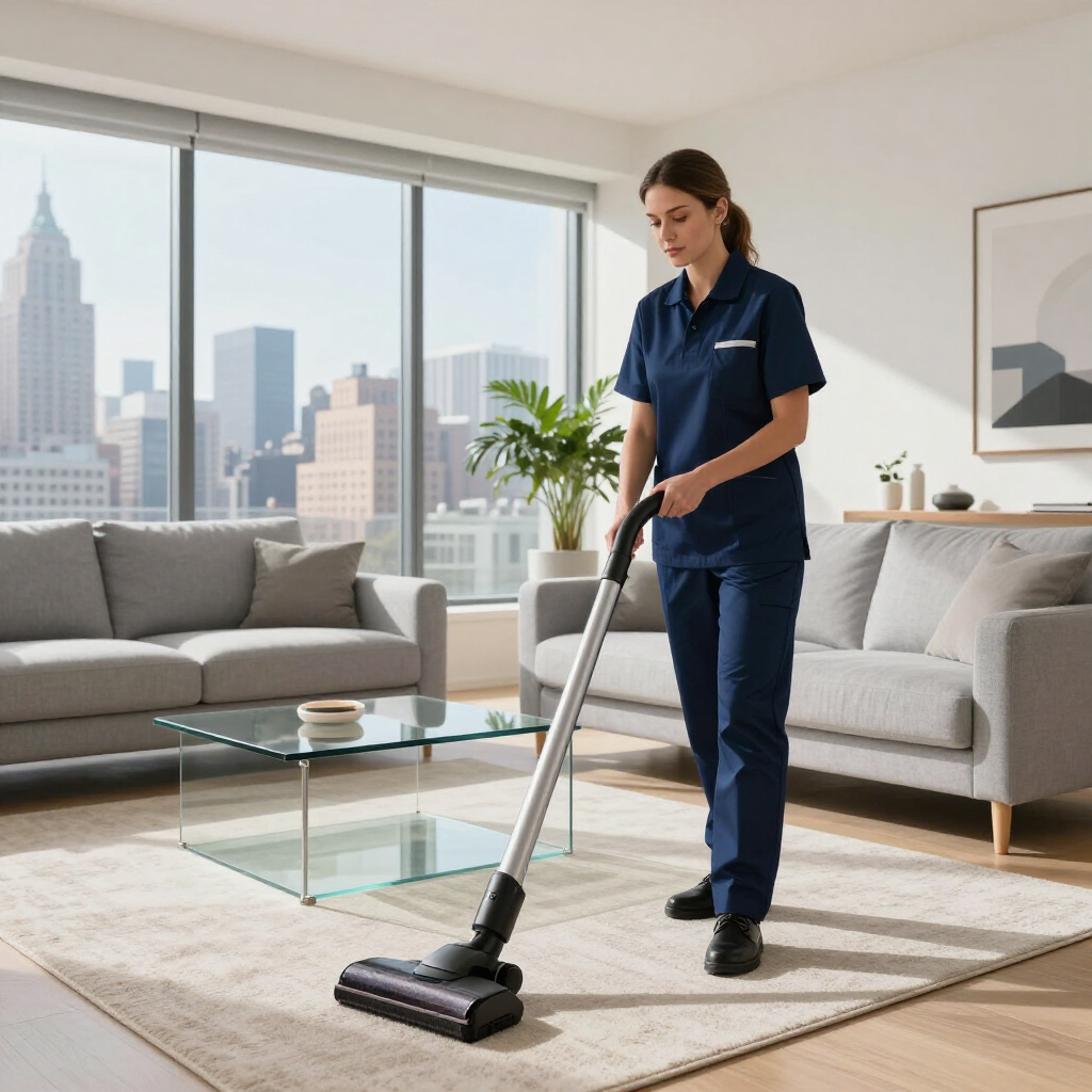 Woman vacuuming a modern living room with city skyline through large windows