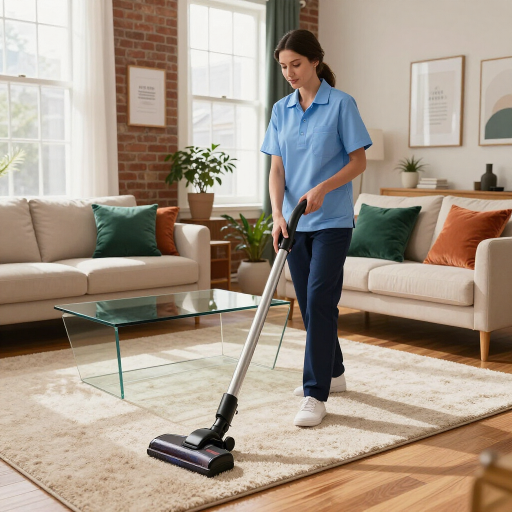 Person vacuuming a beige rug in a bright living room with a beige sofa and glass coffee table