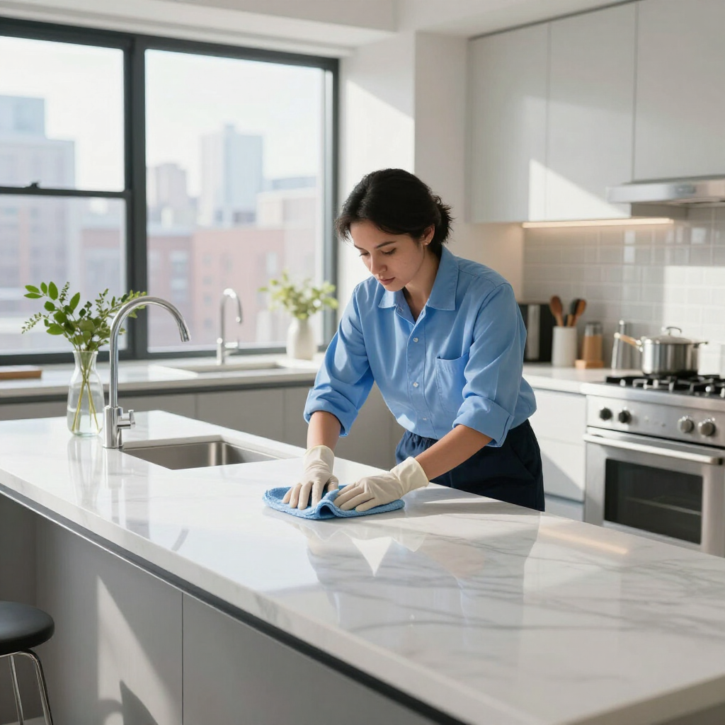 Person cleaning a marble kitchen island with a cloth in a bright modern kitchen