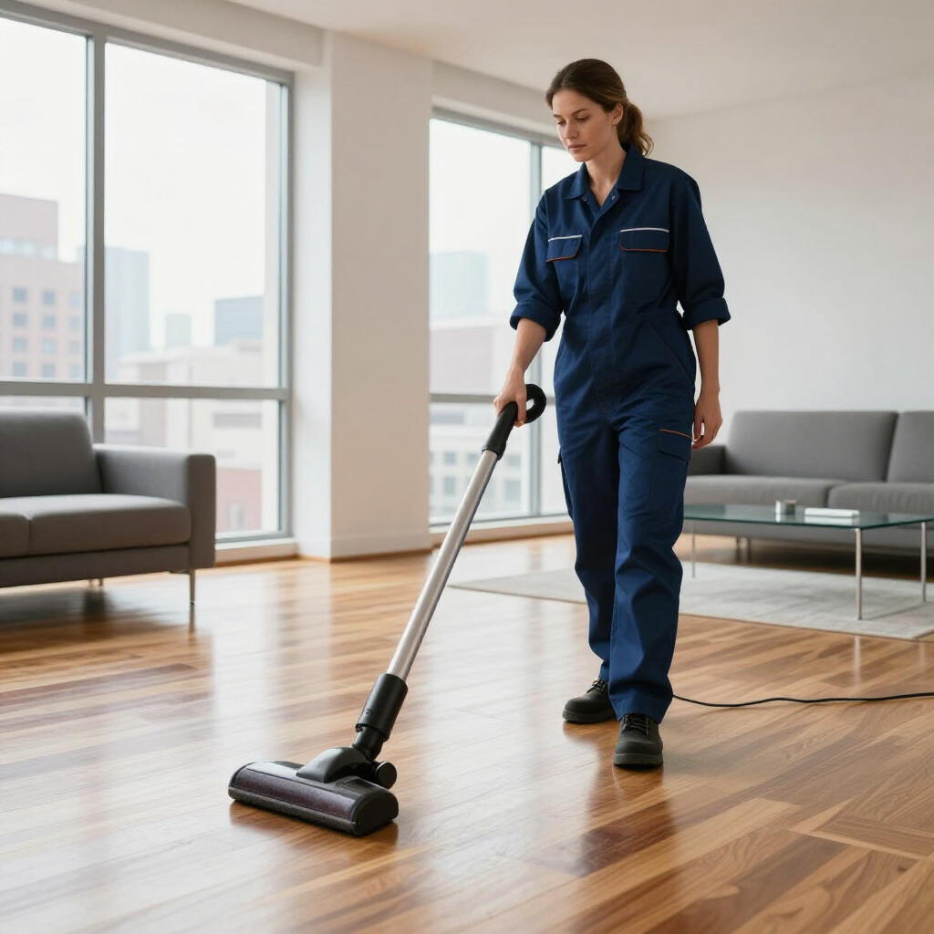 Person vacuuming a hardwood floor in a bright modern living room