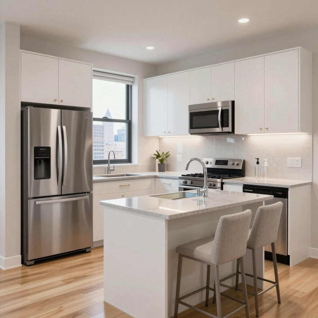 Modern kitchen with stainless steel appliances, white cabinets, and a central island with two stools