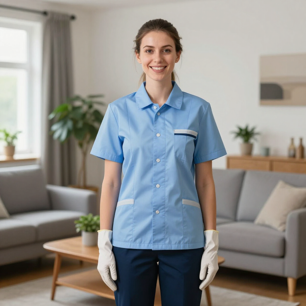Smiling housekeeper in blue uniform and white gloves standing in a bright living room