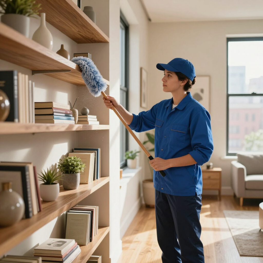 Person dusting wooden shelves in a bright living room with a feather duster